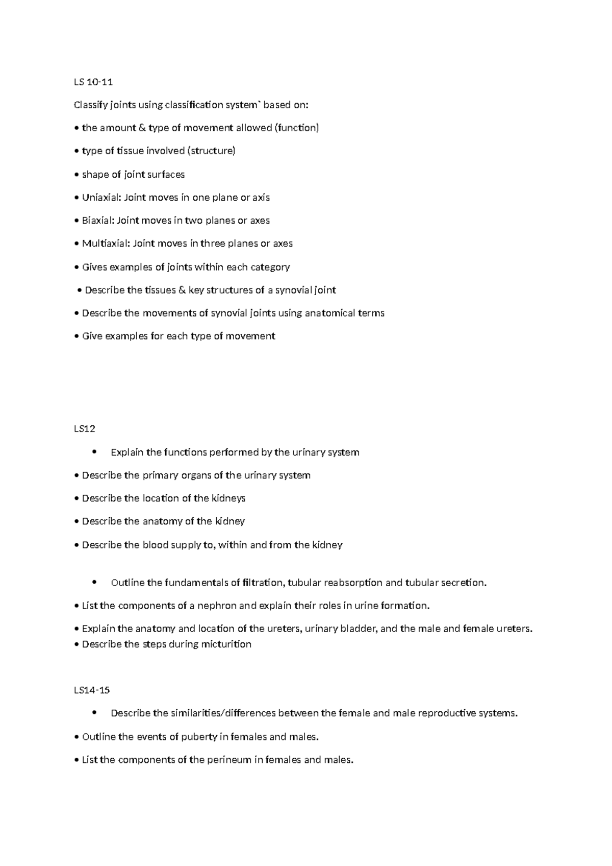 BMS101 CCS#2 Learning Outcomes - LS 10- Classify joints using ...