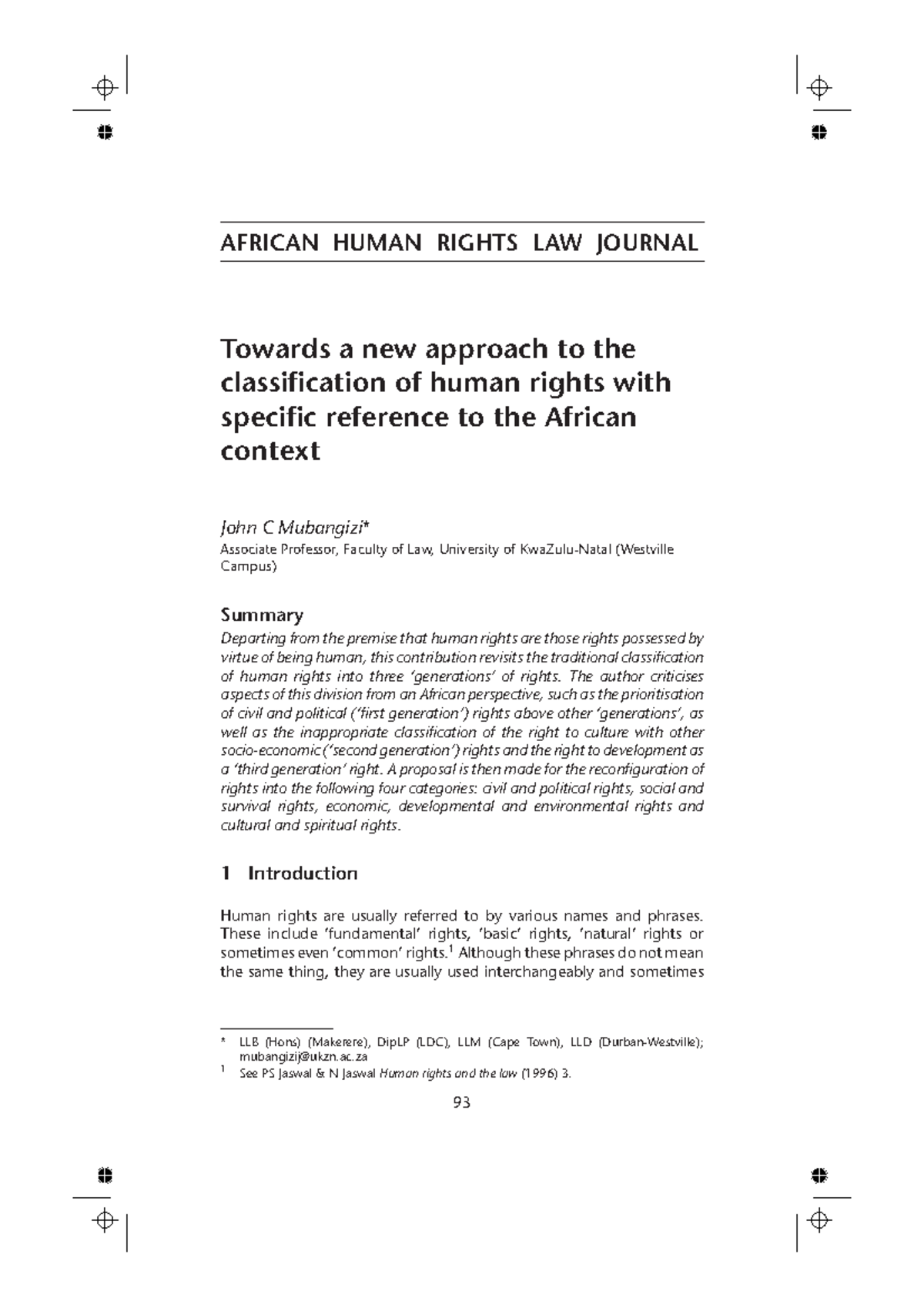 Ahrlj Vol4 No1 2004 John C Mubangizi African Human Rights Law Journal