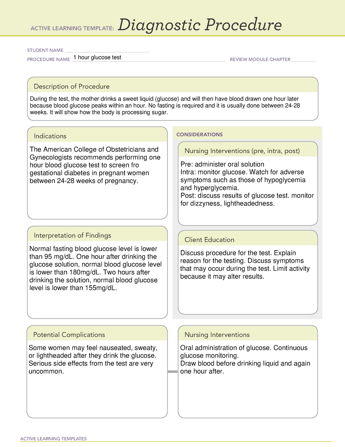 Diagnostic procedure 1 hour Glucose ACTIVE LEARNING TEMPLATES