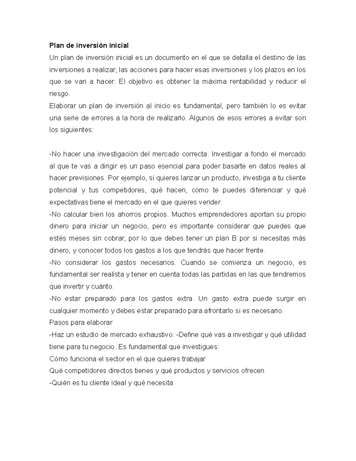 Plan de inversion inicial Liderazgo - Plan de inversión inicial Un plan ...