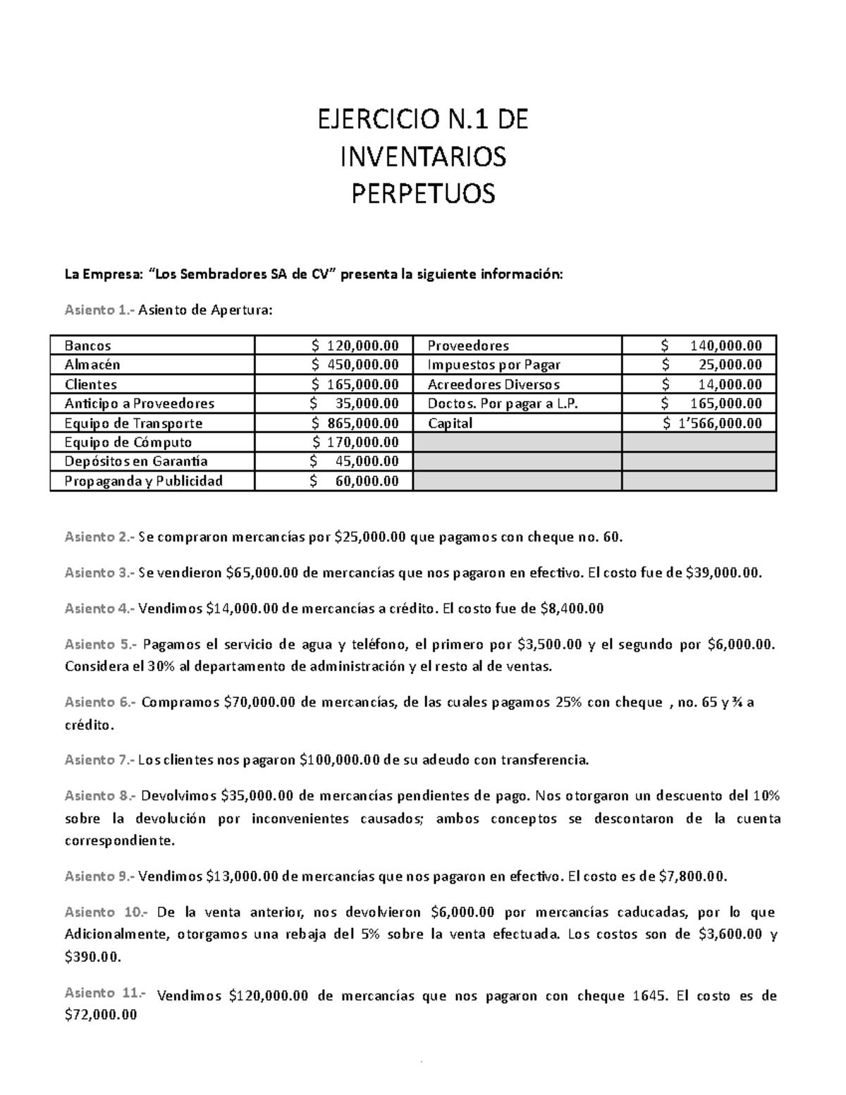 Ejercicio 1 DE Inventarios Perpetuos - EJERCICIO N DE INVENTARIOS ...