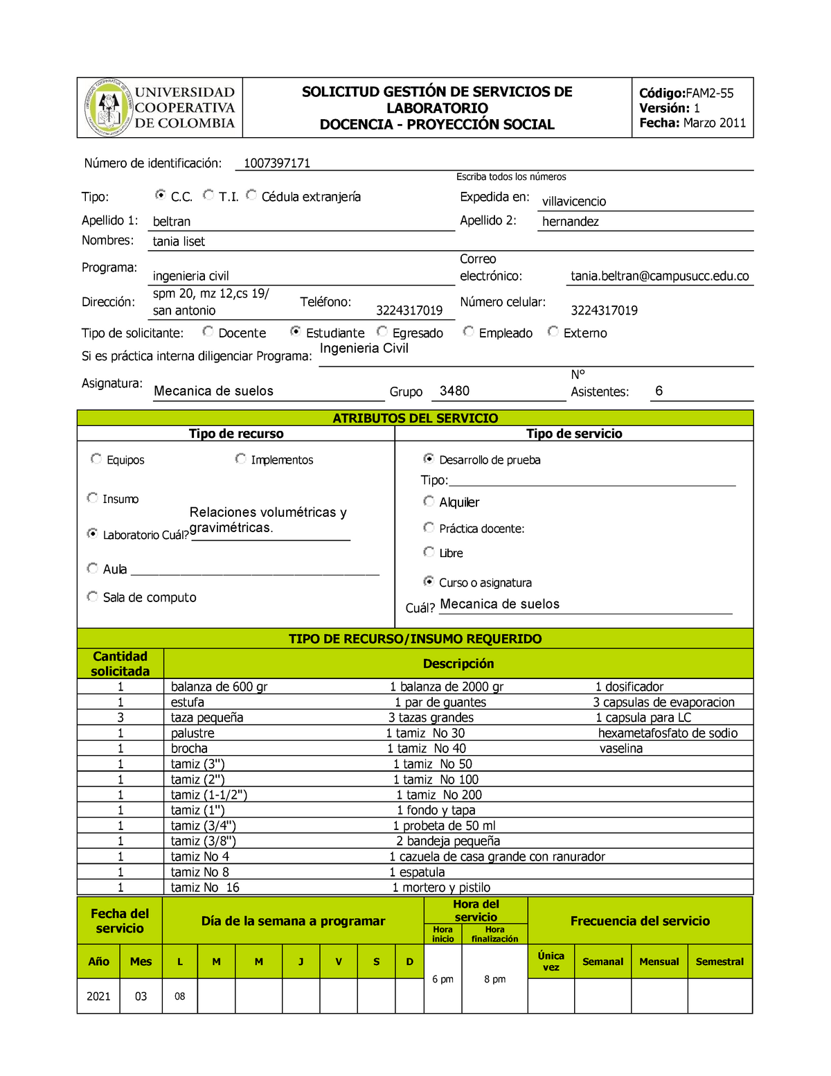 Formato DE Solicitud DE Laboratorio - SOLICITUD GESTIÓN DE SERVICIOS DE 