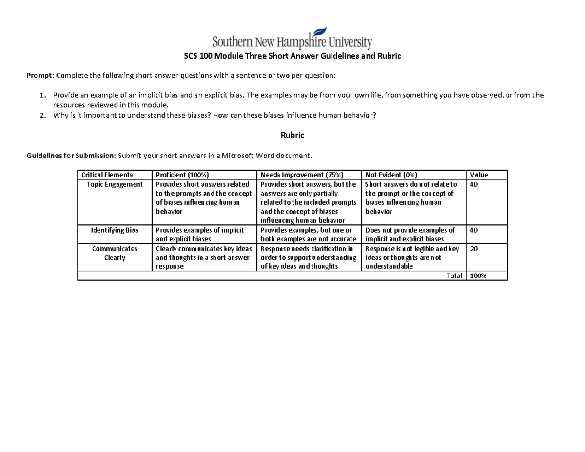 Scs 100 Module Three Short Answer Guidelines And Rubric The Examples May Be From Your Own Life 2963