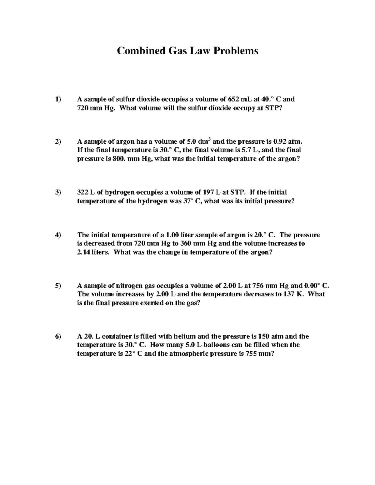 Combined gas laws problems - Combined Gas Law Problems A sample of ...