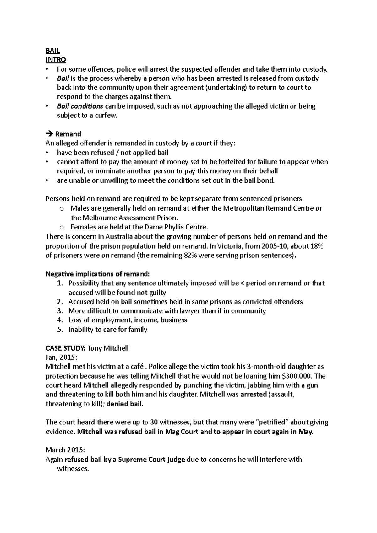 Bail Notes T1 2019 - BAIL INTRO • For some offences, police will arrest ...