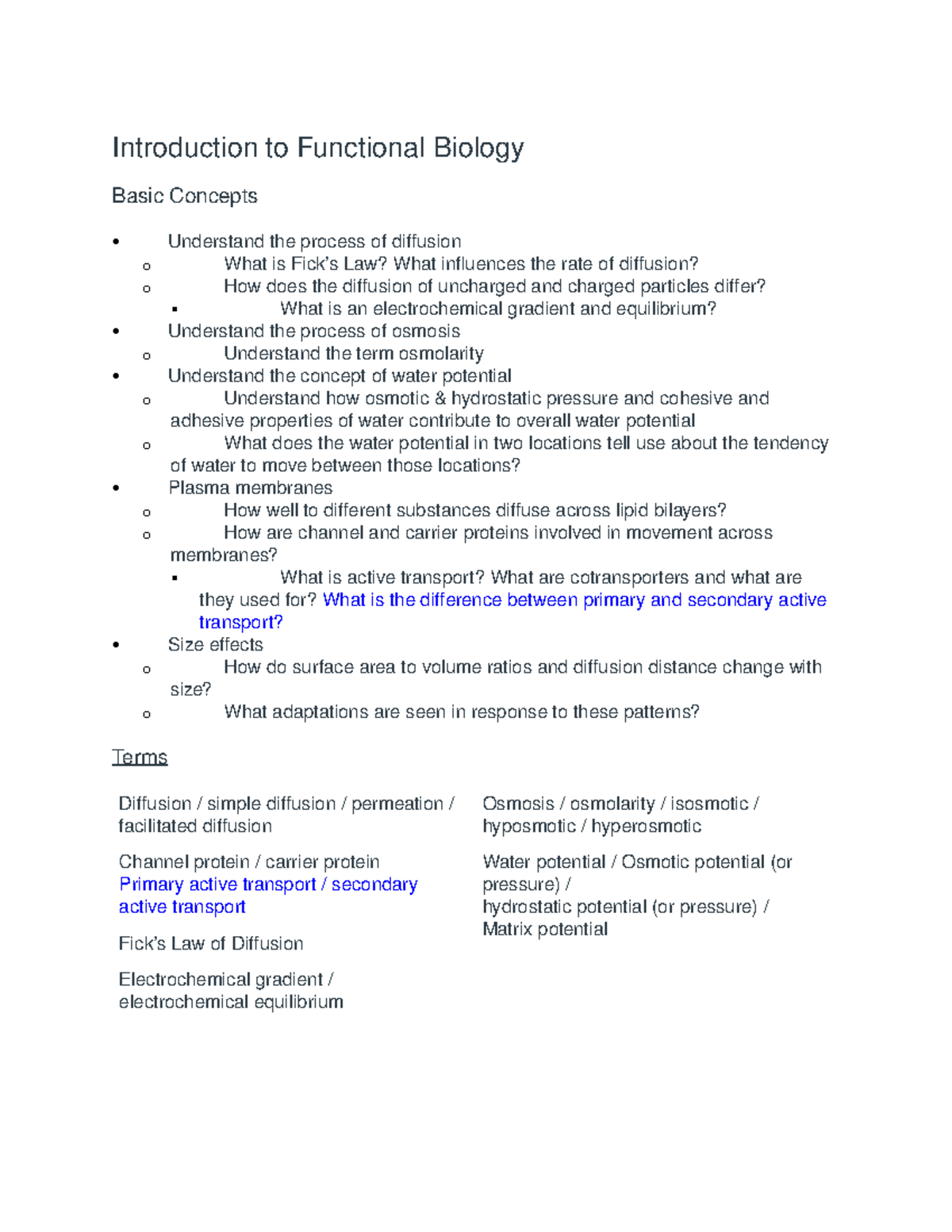 Study Guide - Introduction to Functional Biology Basic Concepts ...