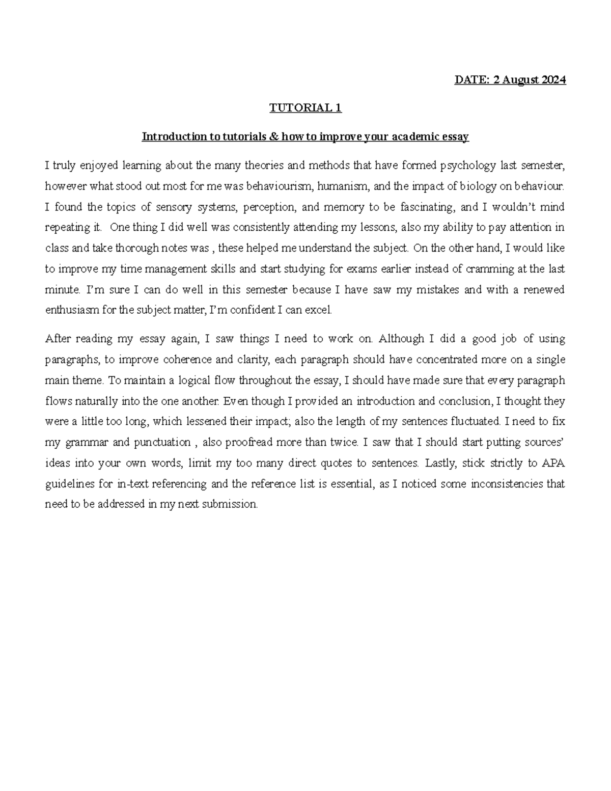 Tut 1 - Essay prep tutorial - DATE: 2 August 2024 TUTORIAL 1 ...