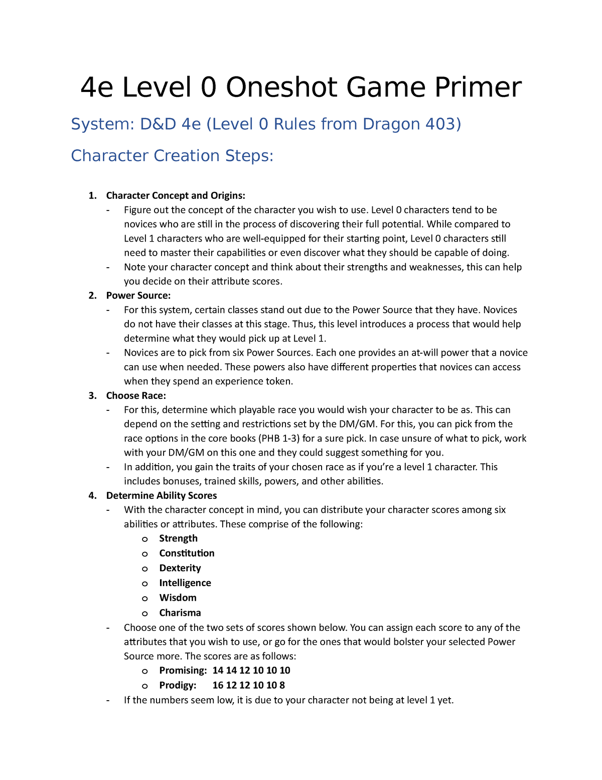 4e Level 0 Oneshot Game Primer 4e Level 0 Oneshot Game Primer System