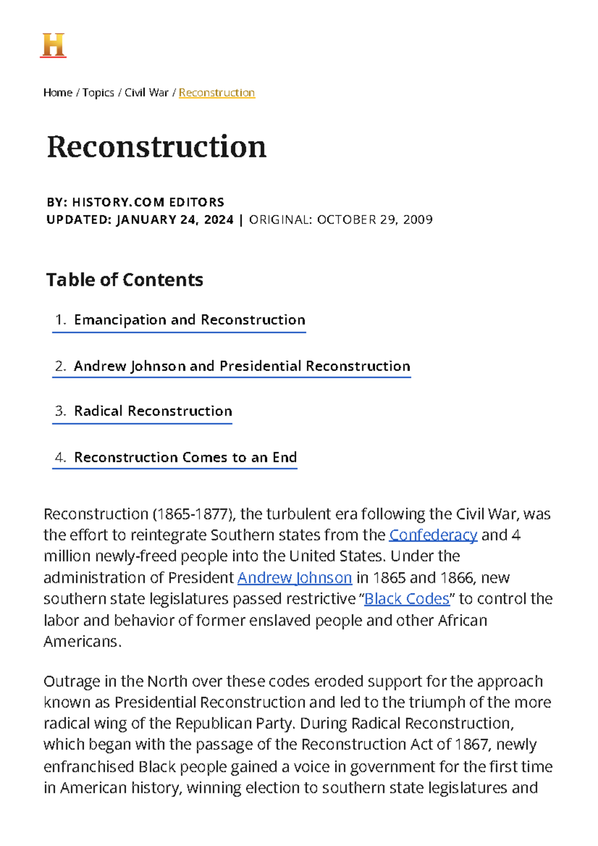 Reconstruction - Civil War End, Changes & Act of 1867 History - Table ...