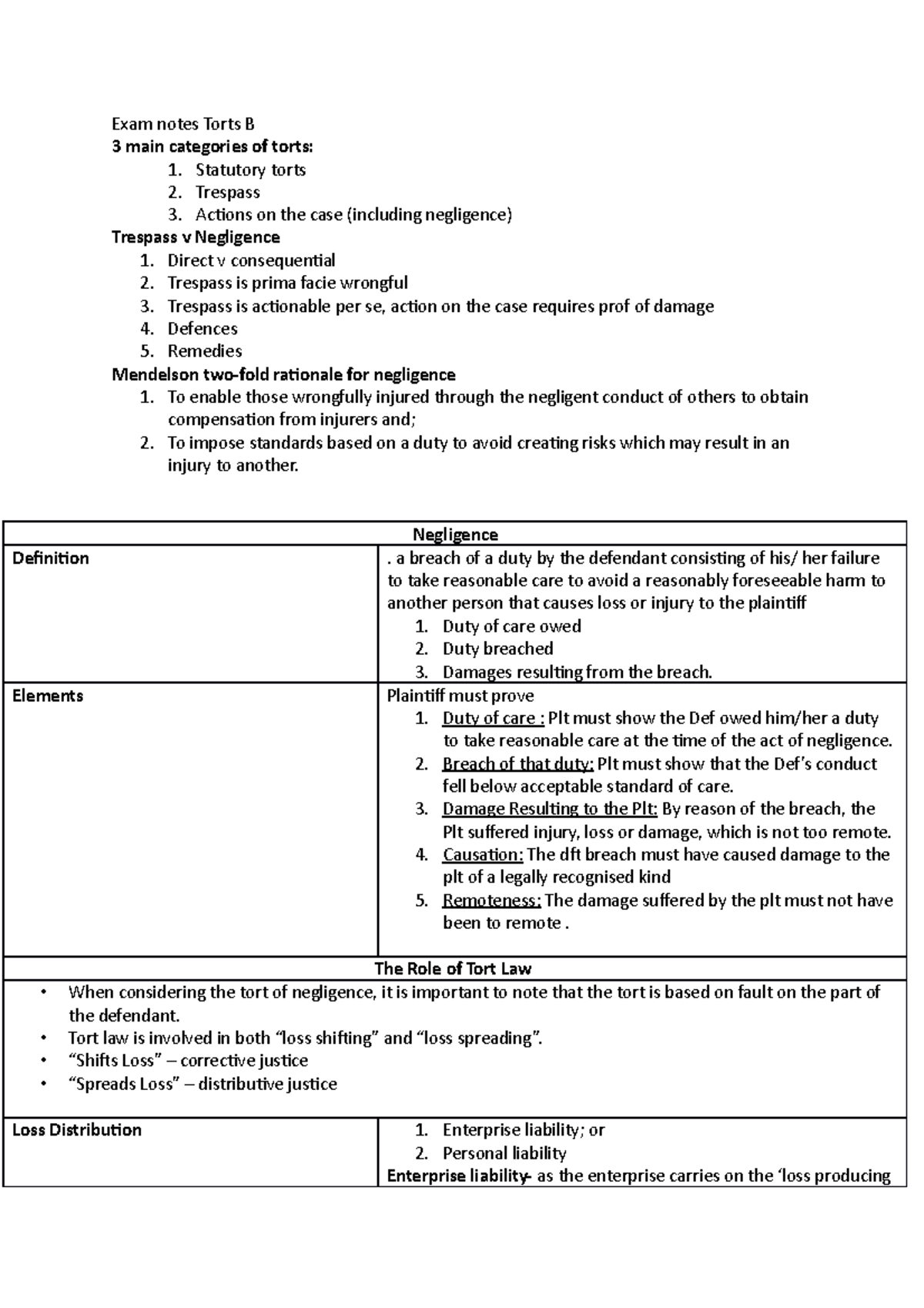 Exam Notes Torts B - Statutory Torts 2. Trespass 3. Actions On The Case ...