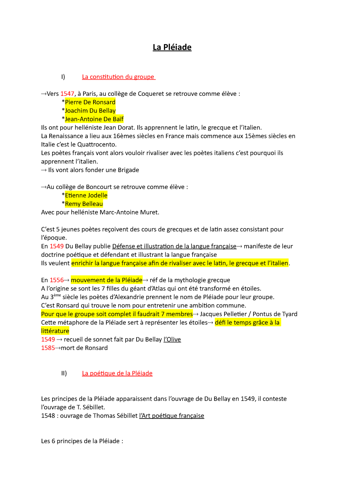 La Pléiade  Explication du mouvement littéraire  La Pléiade I) La