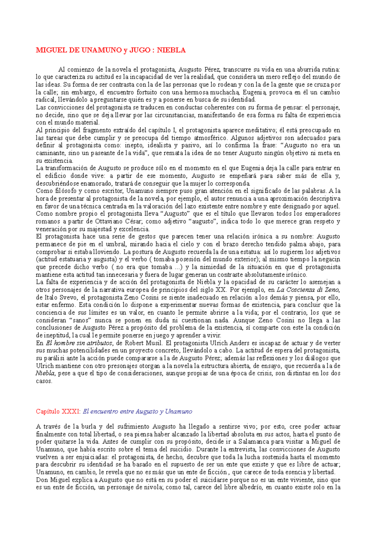 Resumen Niebla Miguel De Unamuno Niebla- unamuno - Resumen Niebla - MIGUEL DE UNAMUNO y JUGO : NIEBLA Al