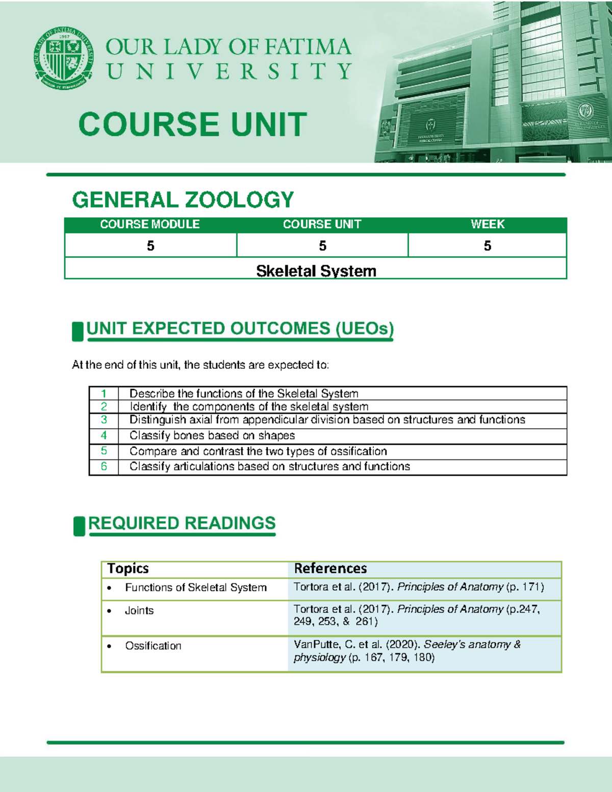 GZOO111 Course Module 5 Skeletal System GENERAL ZOOLOGY COURSE MODULE