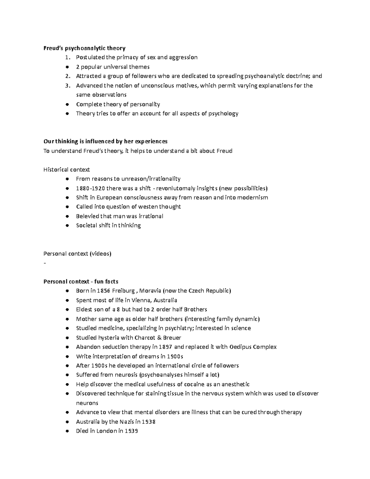 Week 3 - lecture slide notes - Freud’s psychoanalytic theory 1 ...