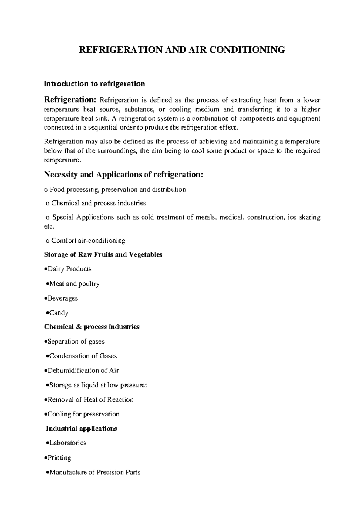Notes Refrigeration AND AIR Conditioning REFRIGERATION AND AIR