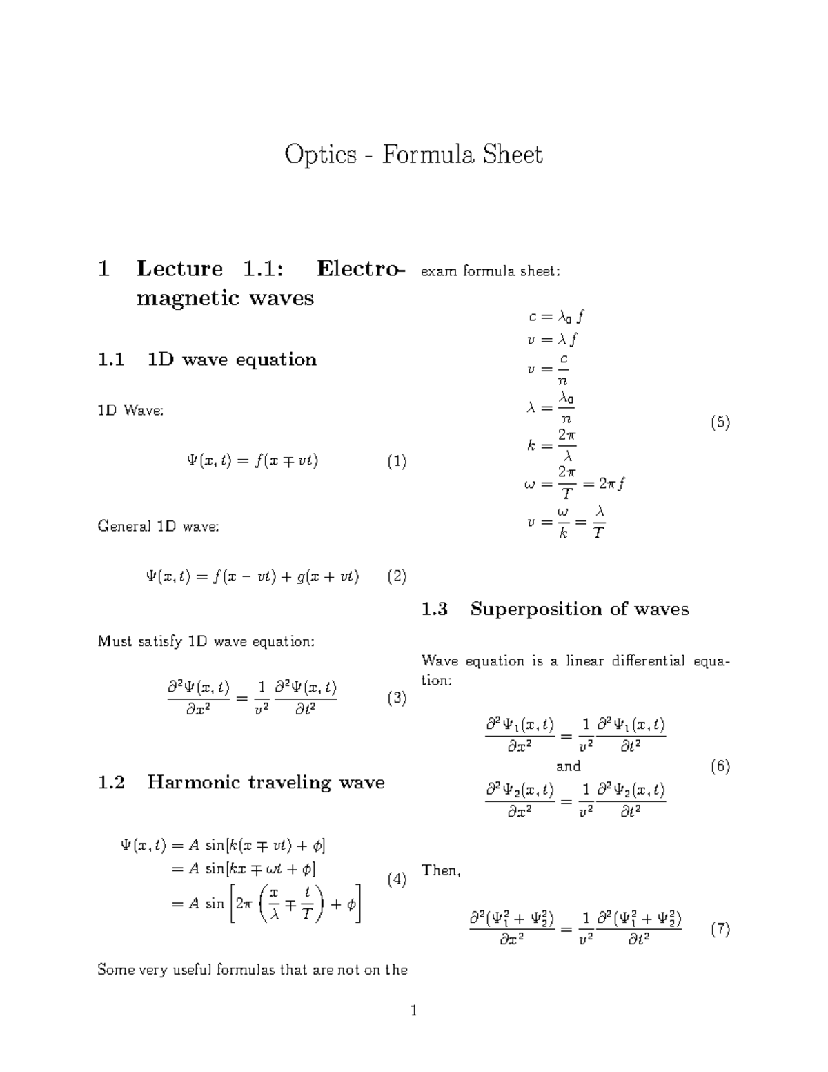 3BOX0 Full Formula sheet Optics Formula Sheet 1 Lecture 1