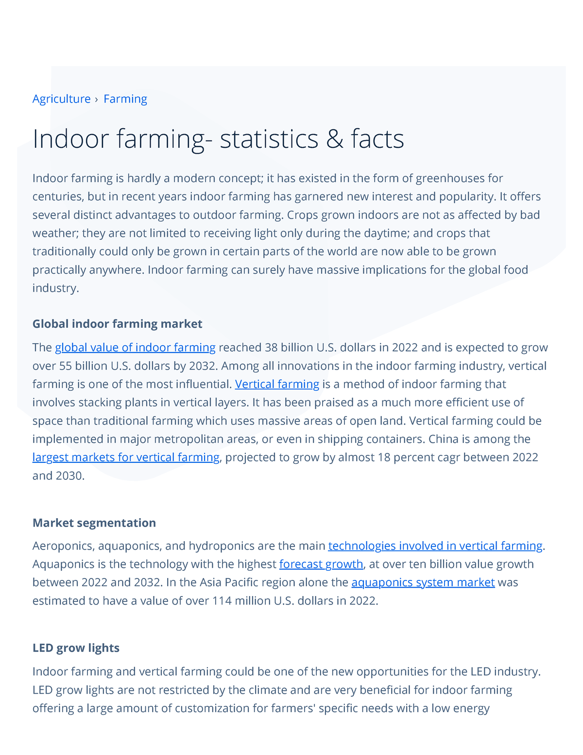 Indoor Farming- Statistics & Facts Statista - Agriculture › Farming ...