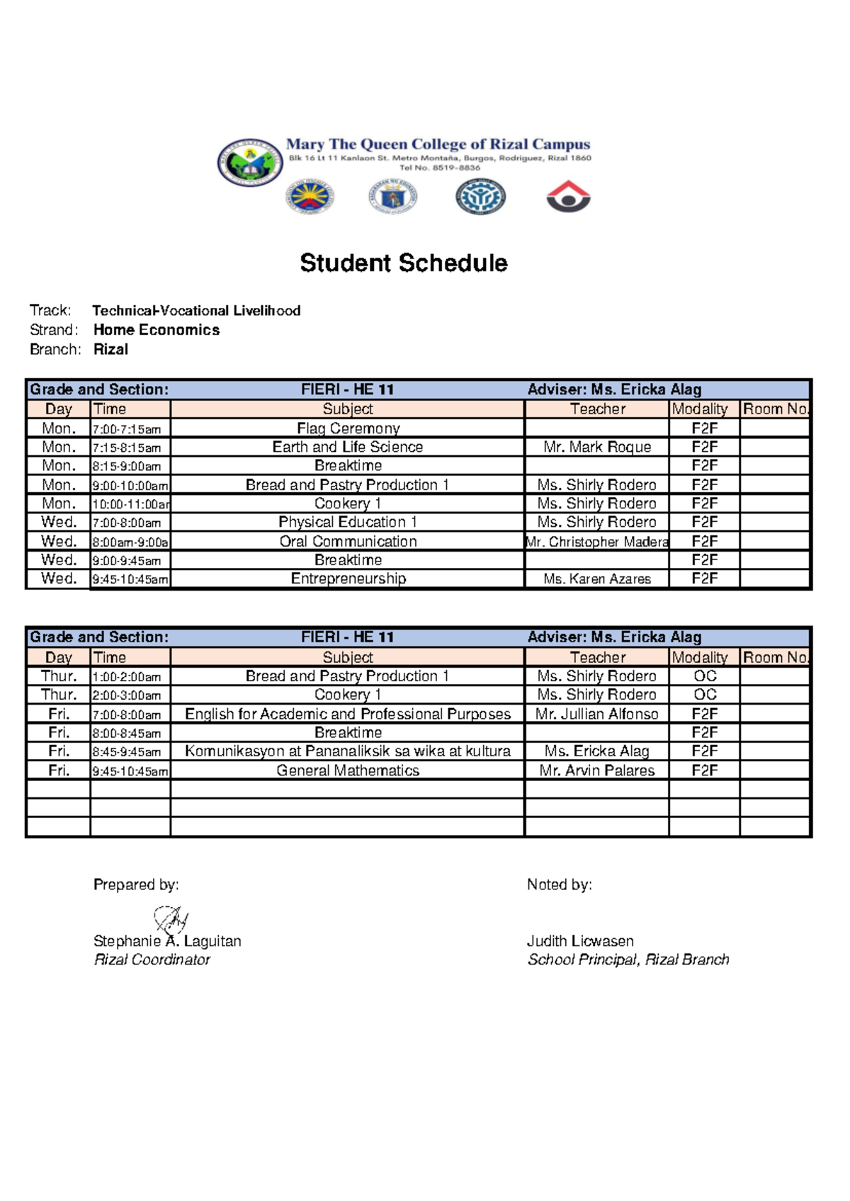 Grade 11 ALL Strand Schedule - Track: Strand: Branch: Rizal Adviser: Ms ...