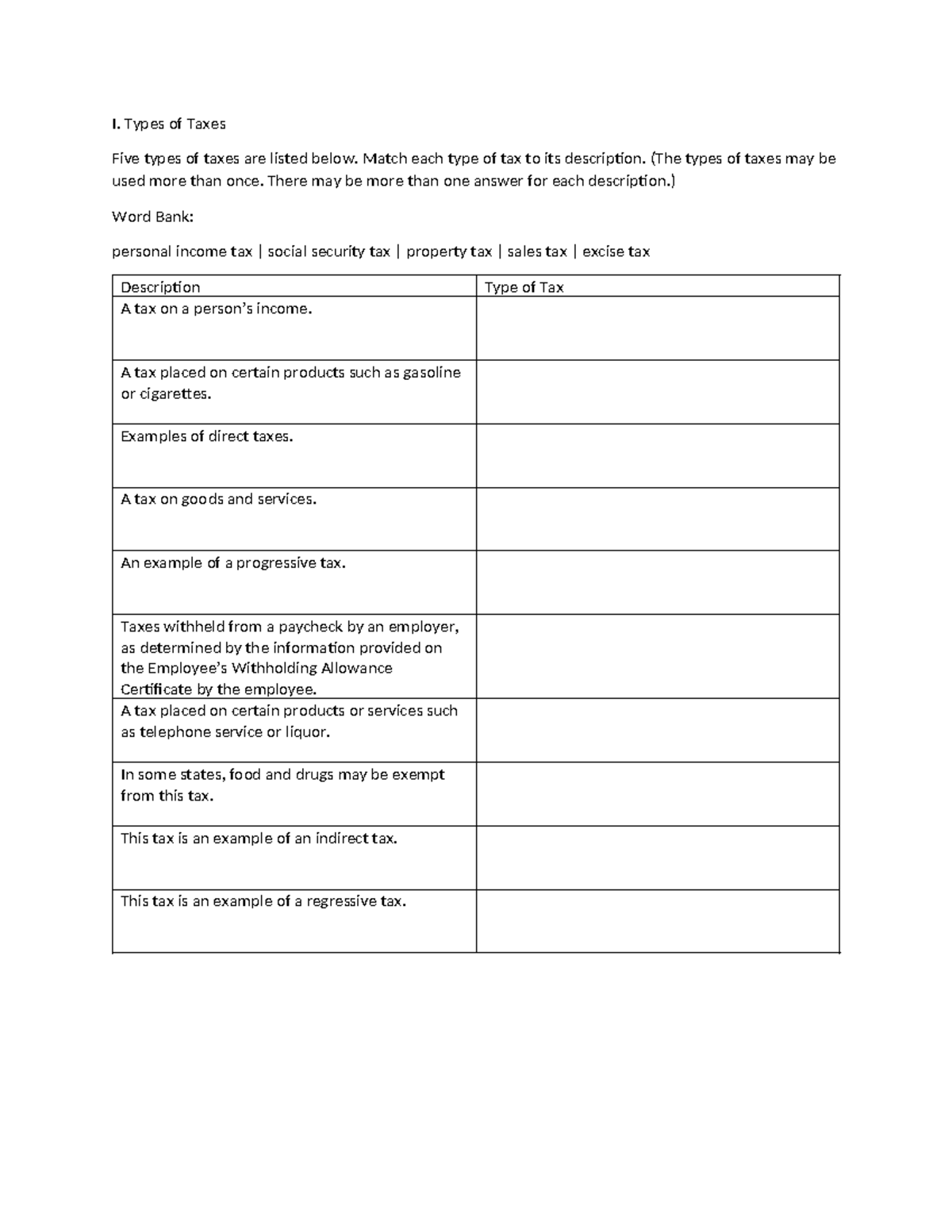 Types of Taxes & Tax Opionions - I. Types of Taxes Five types of taxes ...