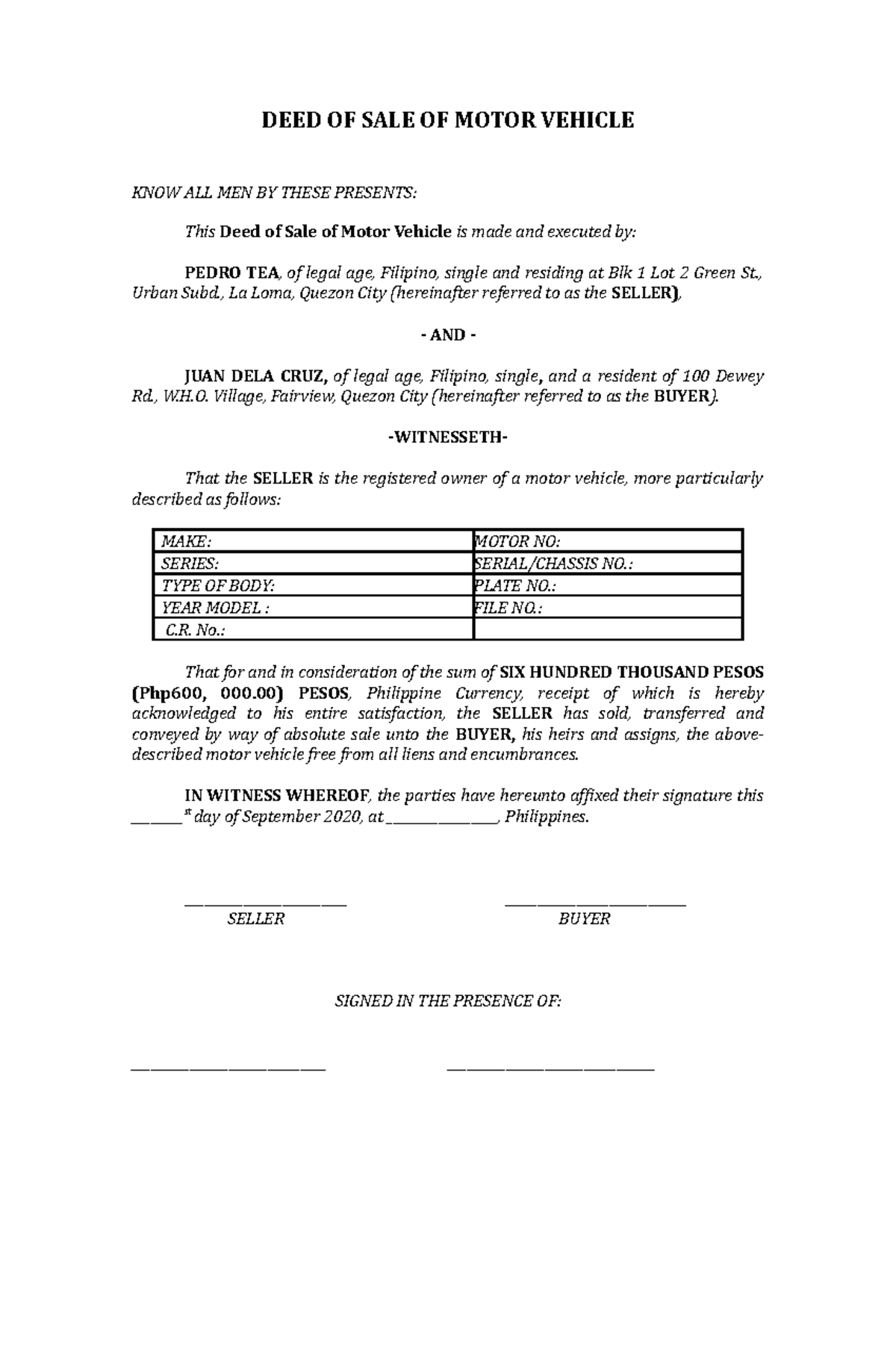 Deed of Sale of Motor Vehicle - , Urban Subd., La Loma, Quezon City ...