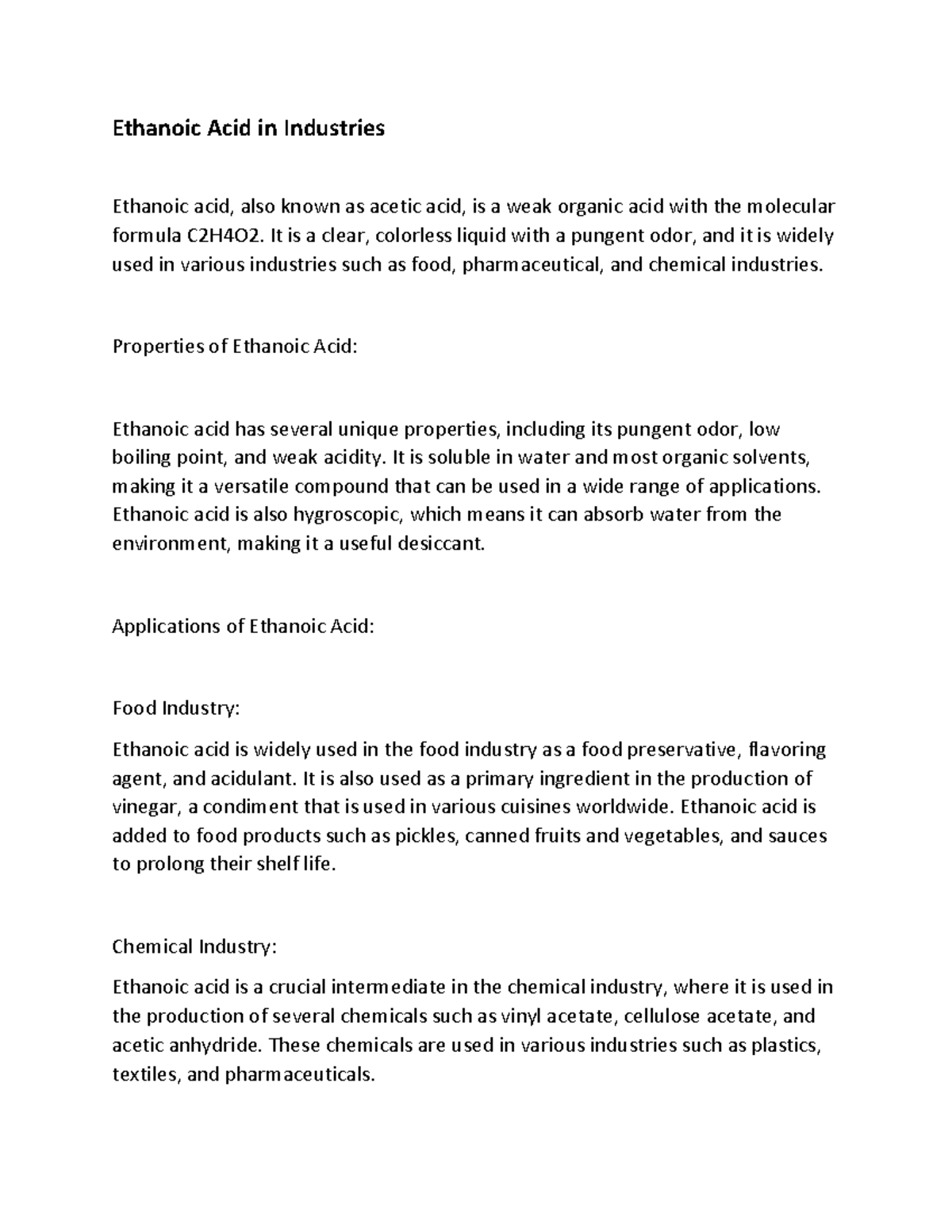 Ethanoic Acid Dhaval sir Ethanoic Acid in Industries Ethanoic acid