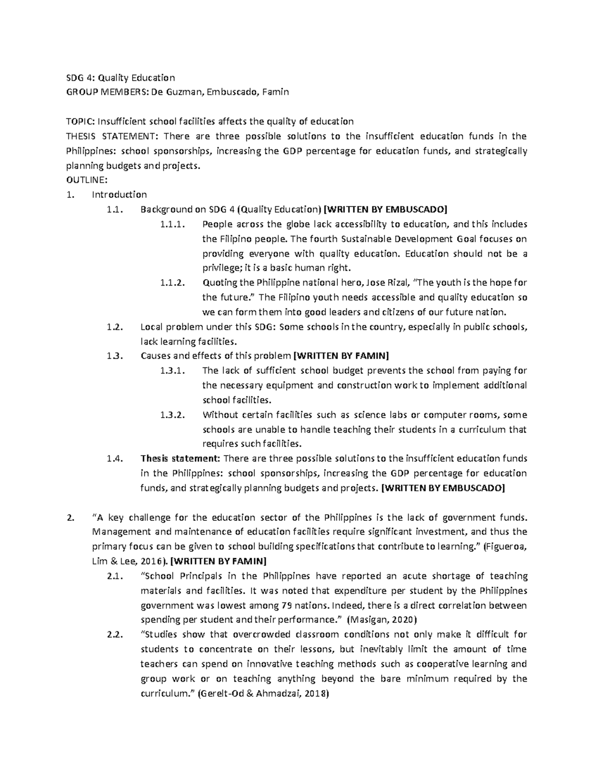 4- Sample Outline FOR PSE - SDG 4: Quality Education GROUP MEMBERS: De ...