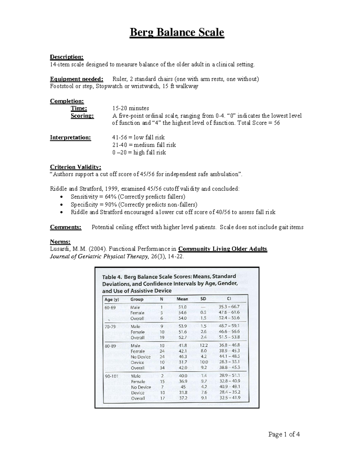 Berg Balance Scale Berg Balance Scale Description 14item scale