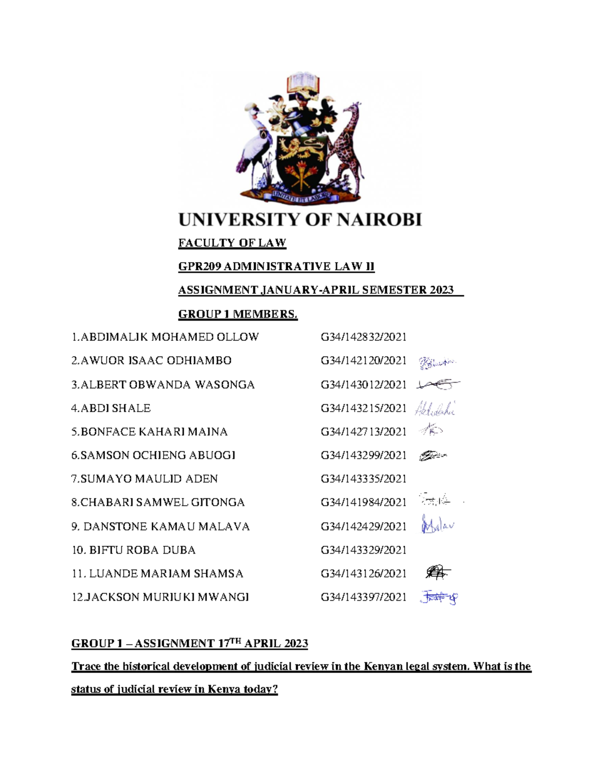 Group 1 Topics on administrative law in kenya. Focus on Judicial