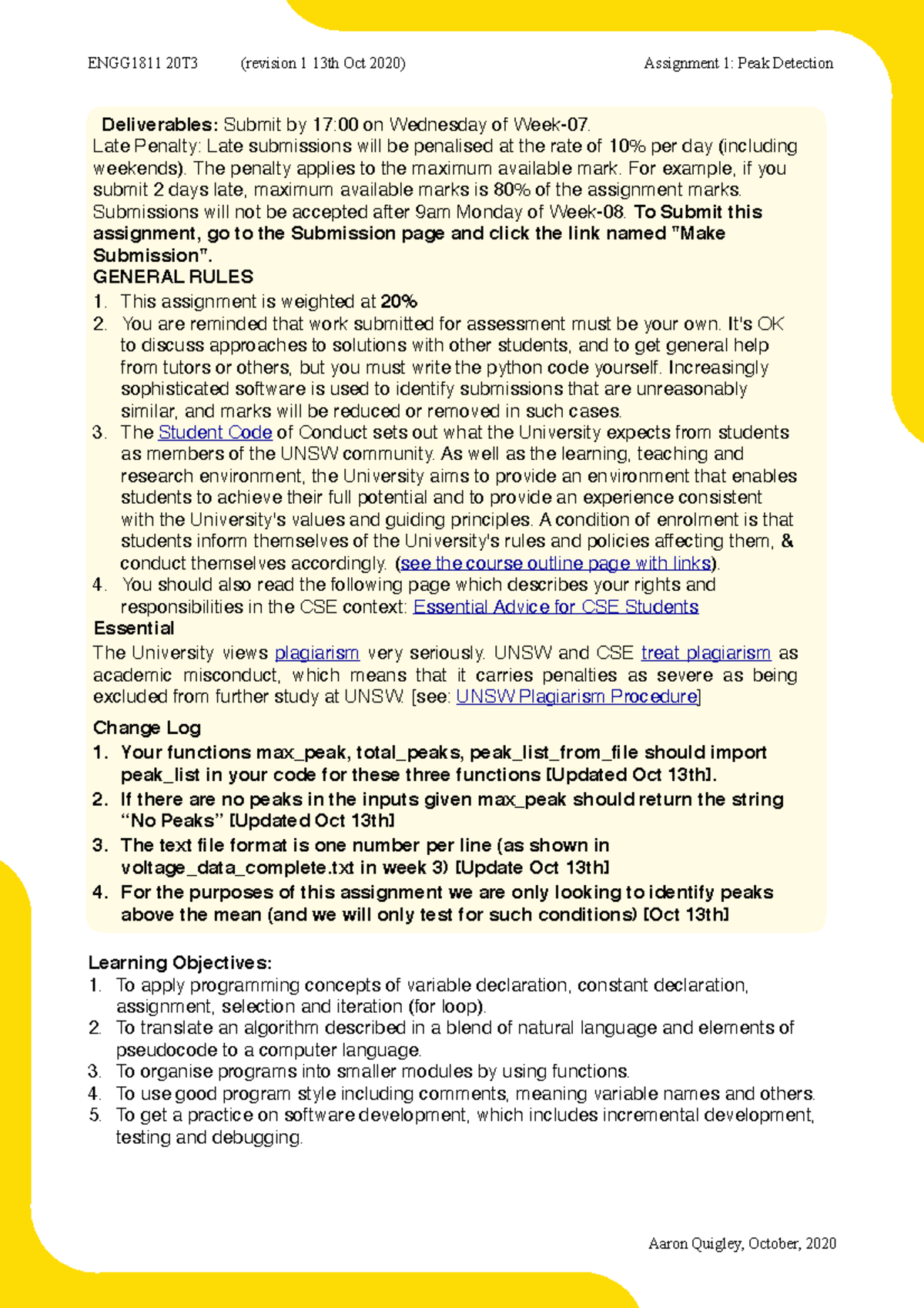 ENGG1811-Assignment-1-20T3 version 2 - Learning Objectives: To apply ...