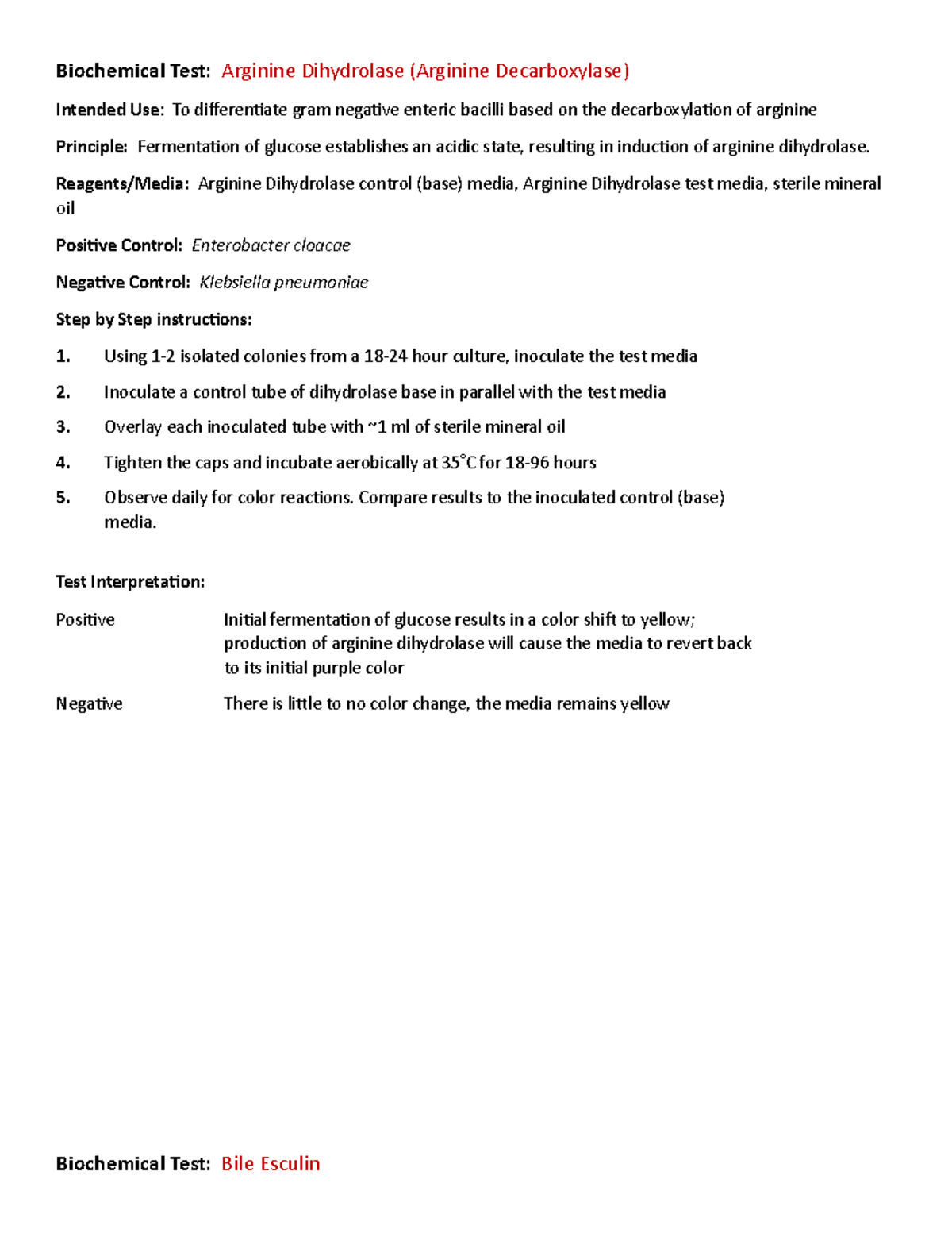 Biochemical Tests - Reagents/Media: Arginine Dihydrolase control (base ...