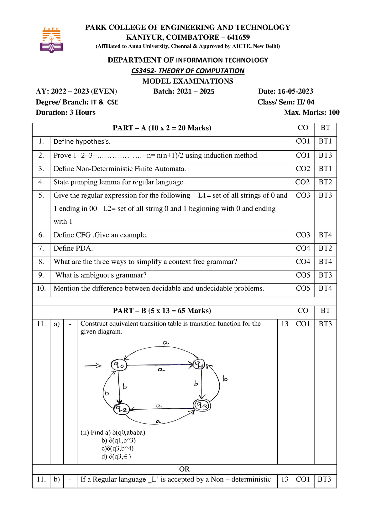 CS3452 Theory Of Computation Model Question - PARK COLLEGE OF ...