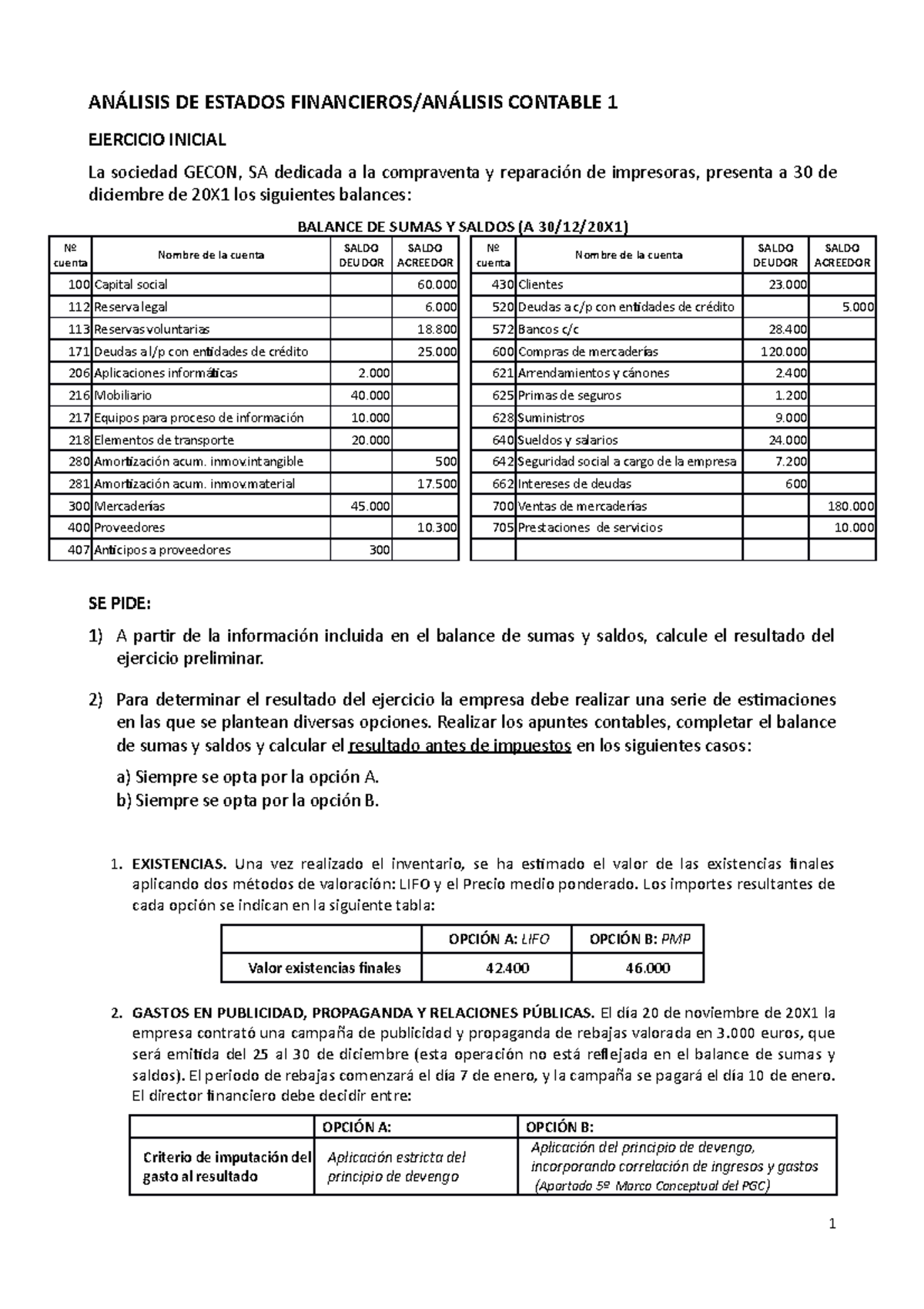 Ejercicio Inicial Geconsa Enunciado AnÁlisis De Estados Financieros