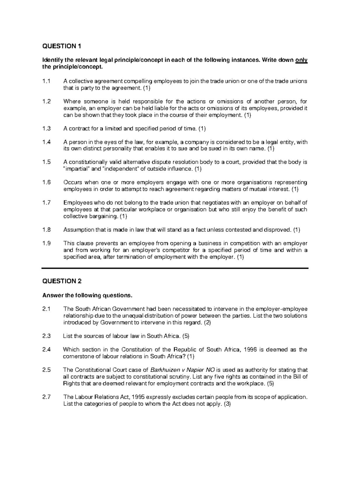 PAST Paper Questions - TEST 1 - QUESTION 1 Identify the relevant legal ...