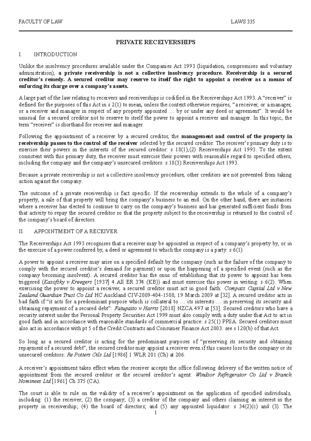 Receiverships handout PRIVATE RECEIVERSHIPS I. INTRODUCTION Unlike