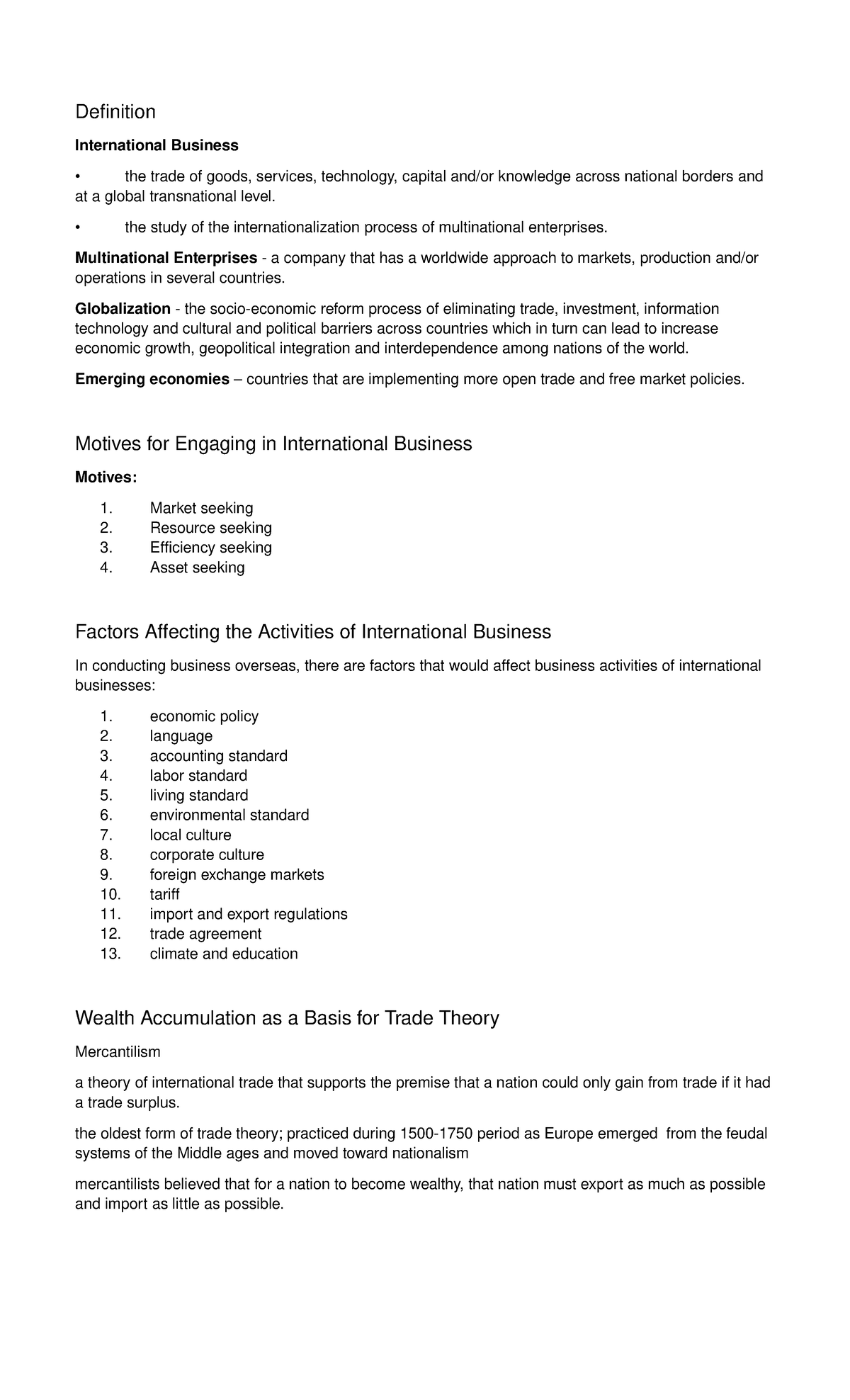 ITB - Lecture notes 1 - Definition International Business the trade of ...