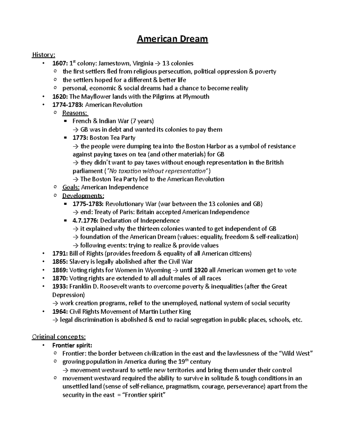 Handout American Dream - American Dream History: 1607: 1 St Colony ...