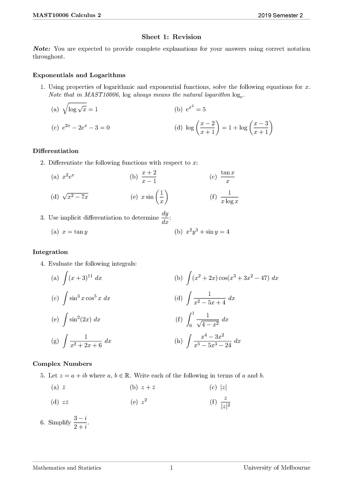 MAST10006 Tute1 - Tutorial 1 - Semeter 2 2019 - MAST10006 Calculus 2 ...