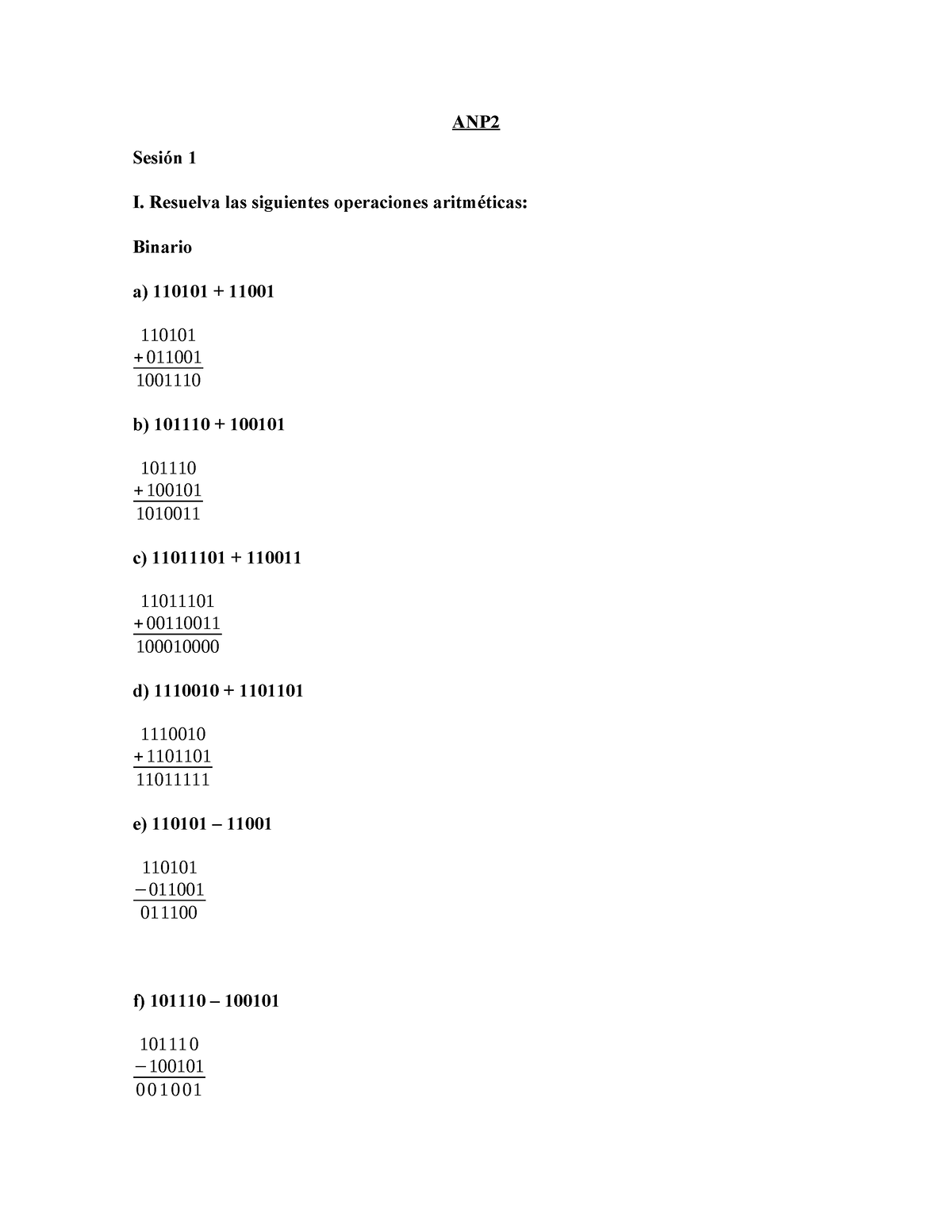 Suma Y Resta De Binarios - I. Resuelva Las Siguientes Operaciones ...