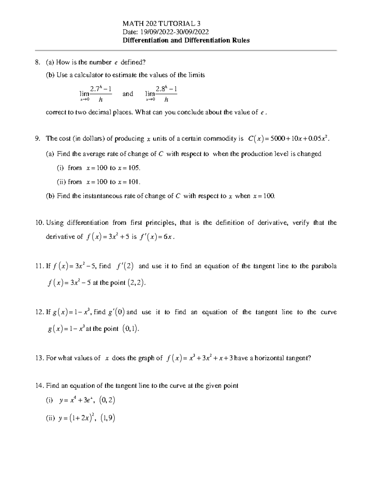 Tutorial 3 2022 - calculus - MATH 202 TUTORIAL 3 Date: 19/09/2022-30/09 ...