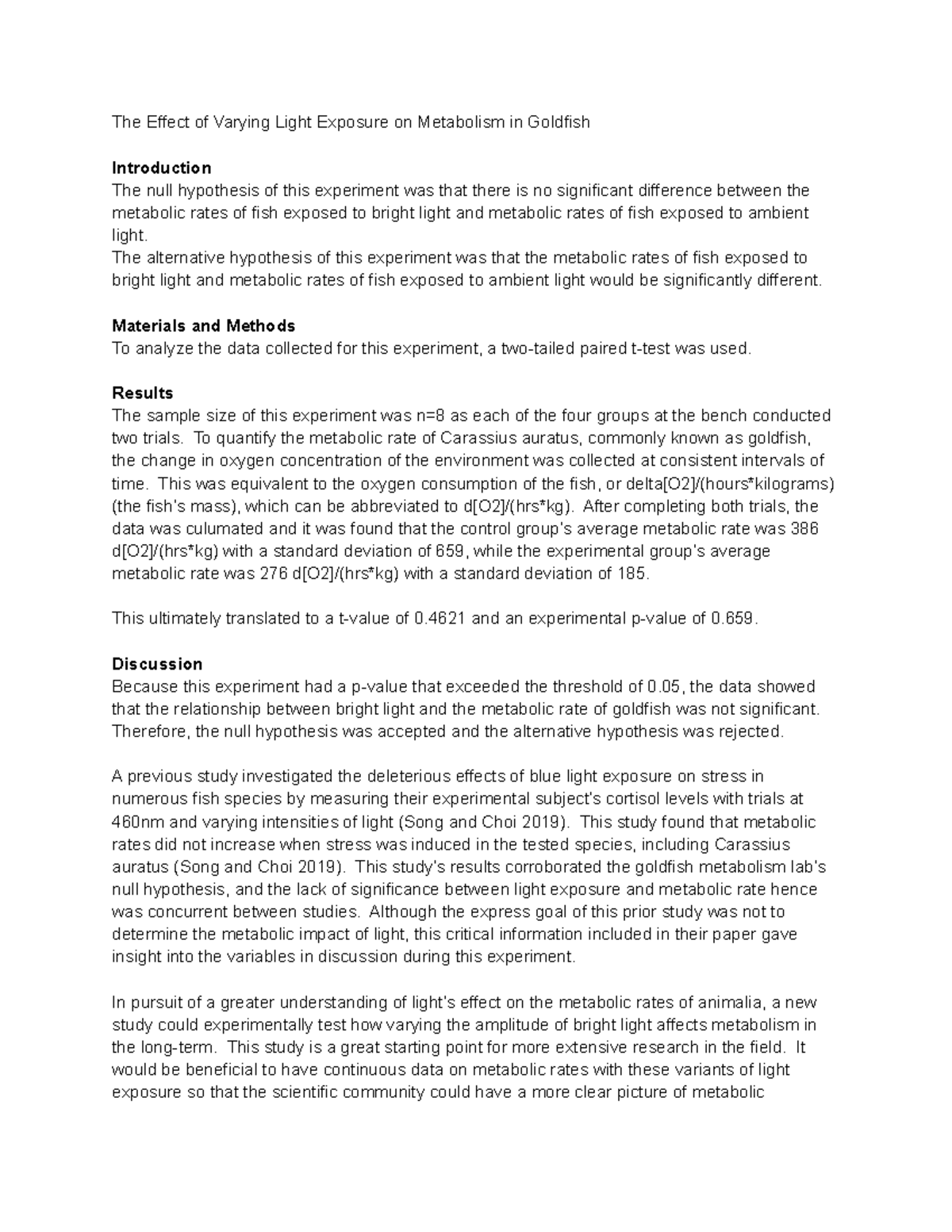 Goldfish Metabolism Lab Write Up - The Effect Of Varying Light Exposure ...