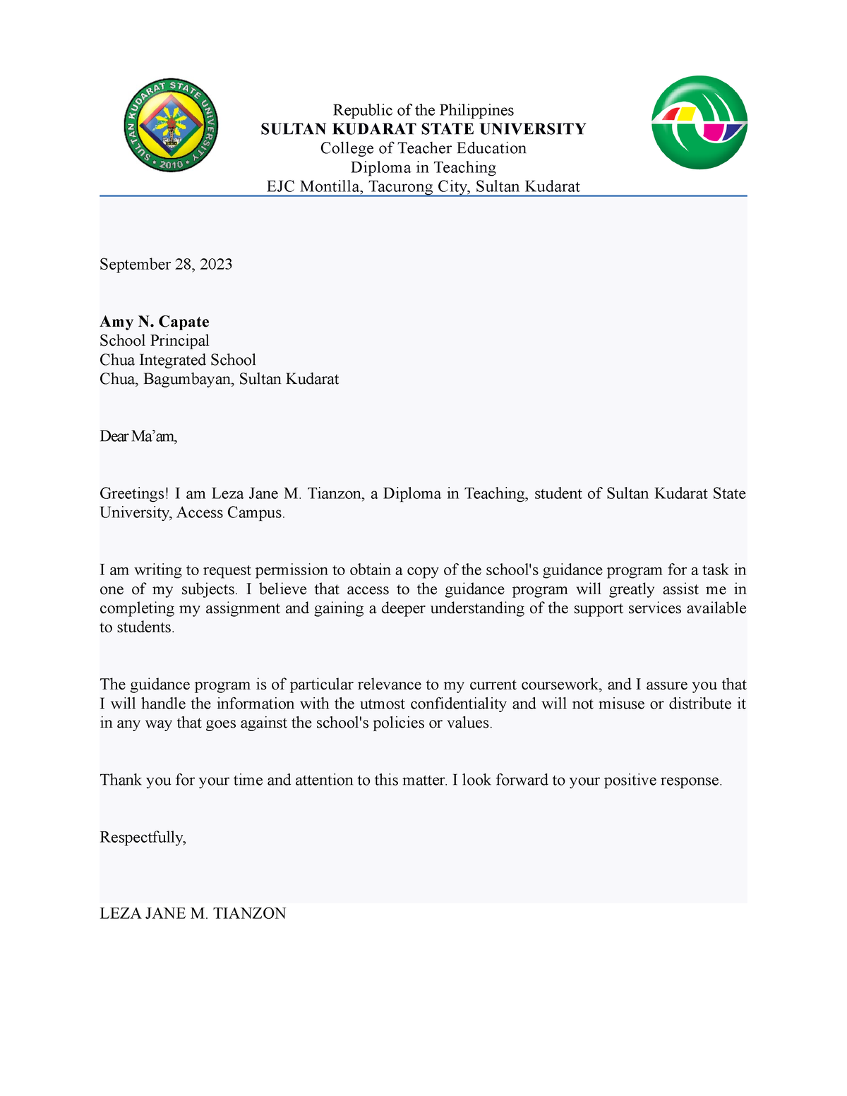 Permission Letter - Republic of the Philippines SULTAN KUDARAT STATE ...