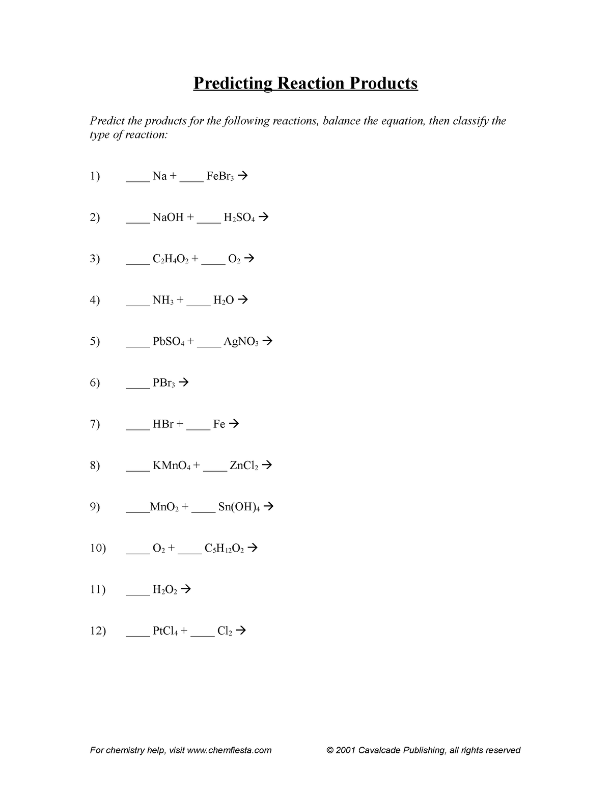 Predicting Reaction Products Worksheet Answer Key