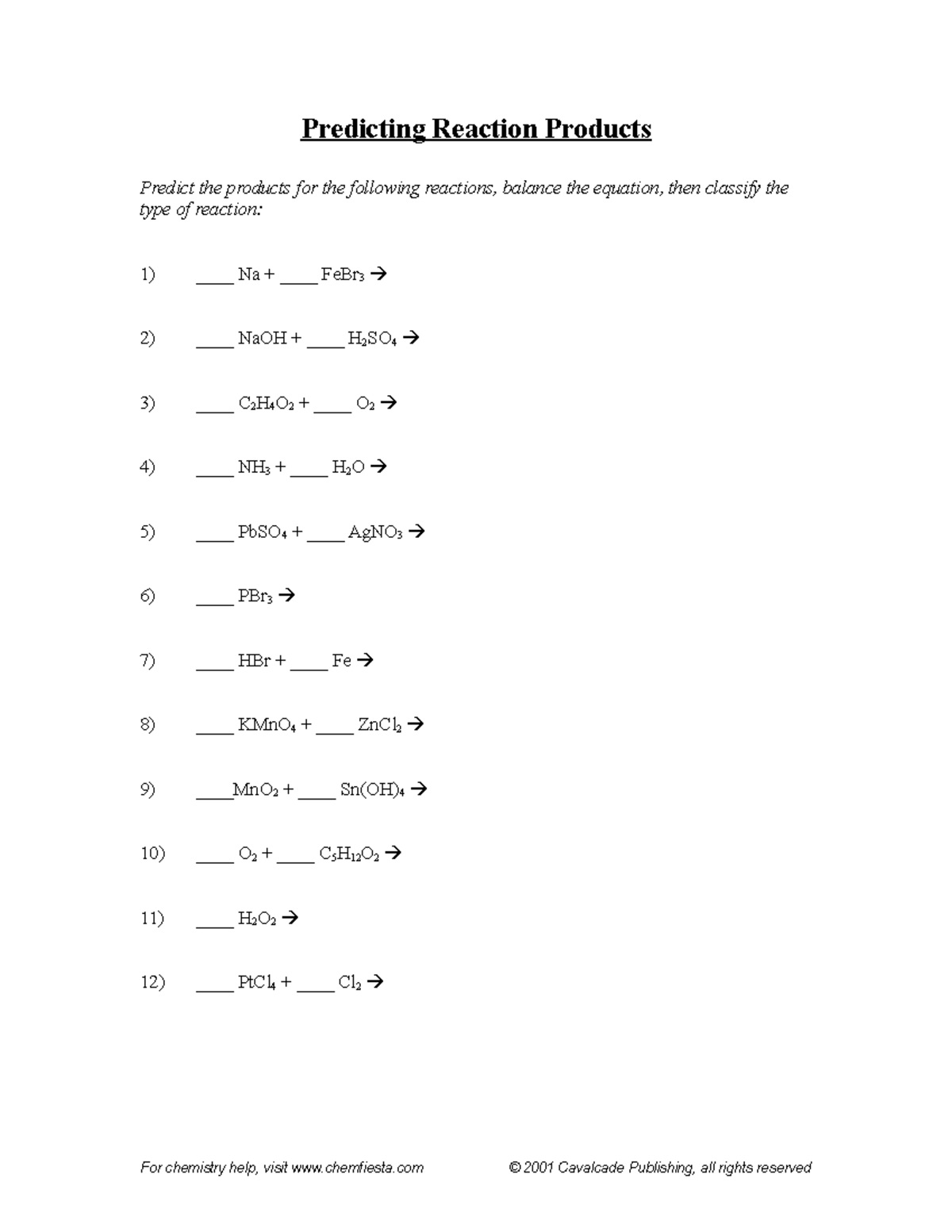 Predicting Reaction Products Worksheet