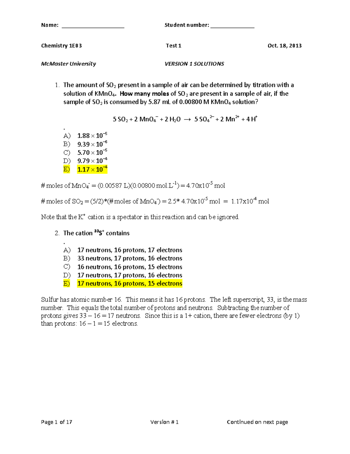 Test 1 2013 solutions ahhhhhhhhhhhhhh and ahhhhhhhhhh - Chemistry 1E03 ...