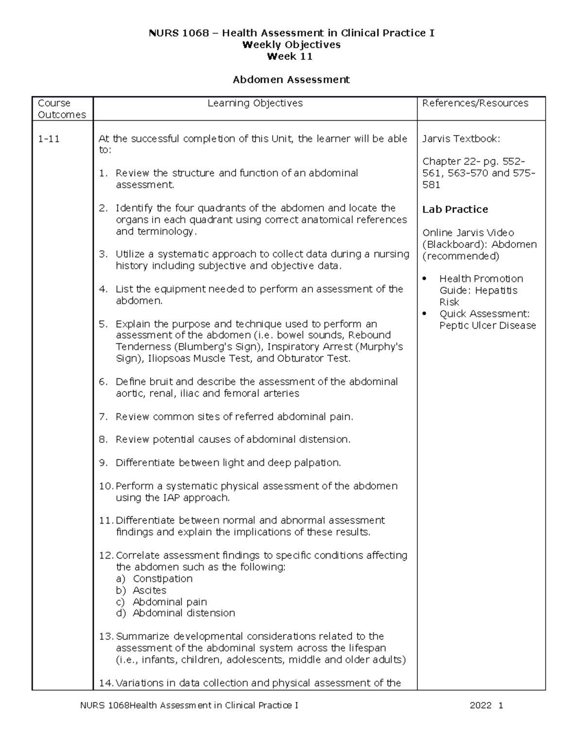 Week 11 Objectives Abdomen 2022 - NURS 1068 – Health Assessment in ...