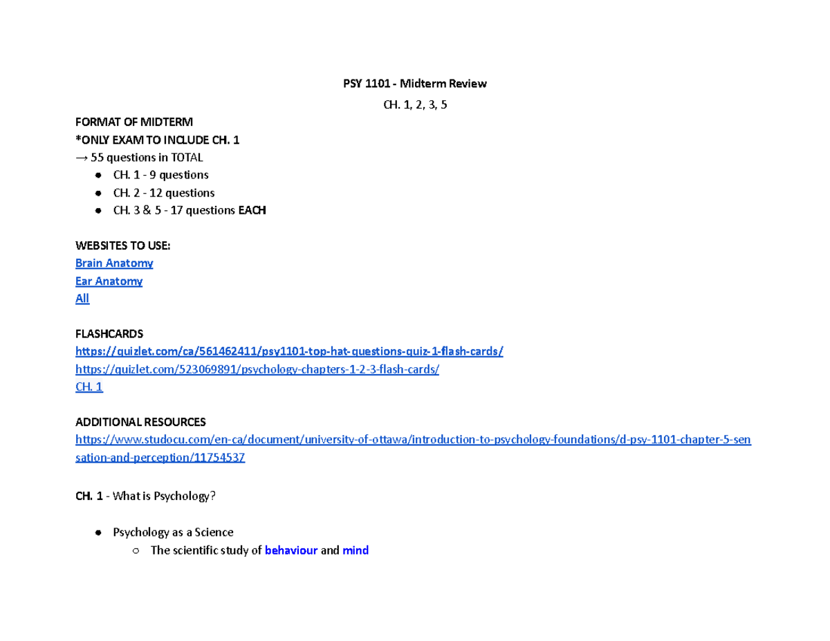 PSY 1101 - Midterm # 1 Review - PSY 1101 - Midterm Review CH. 1, 2, 3 ...