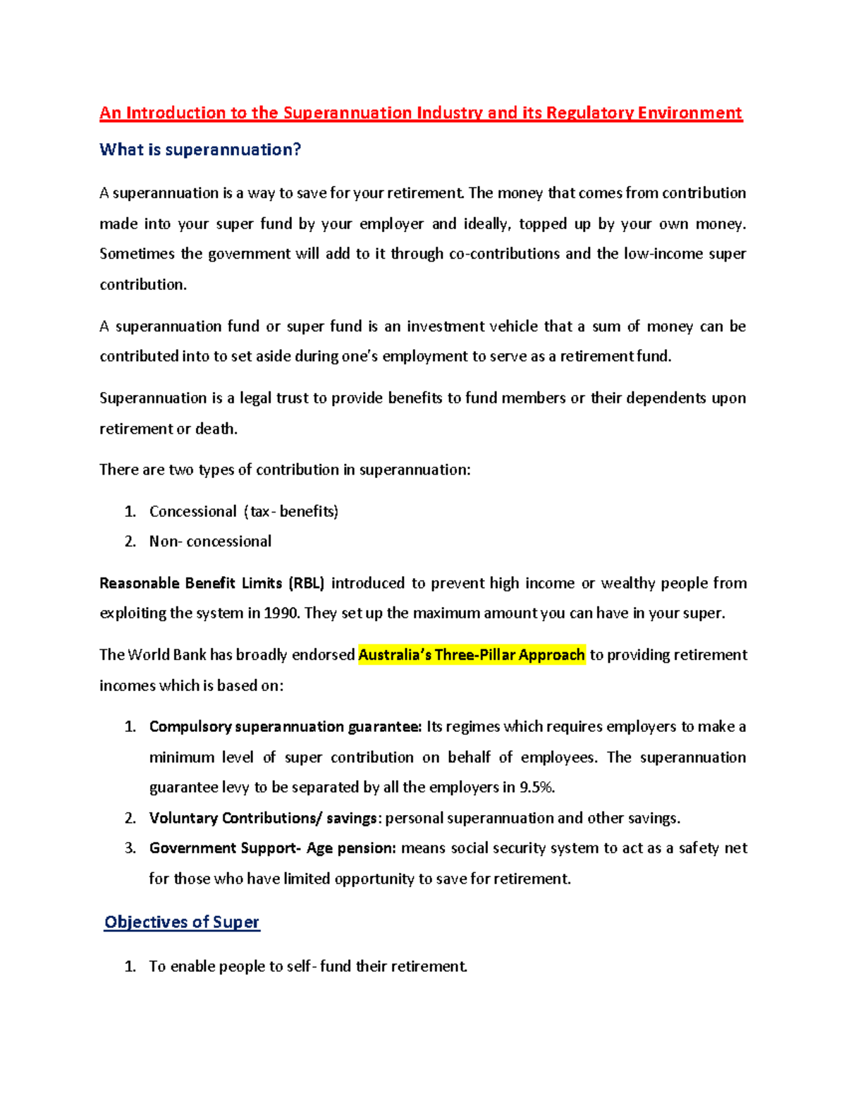 Week 1 - Lecture notes 1-2 - An Introduction to the Superannuation ...