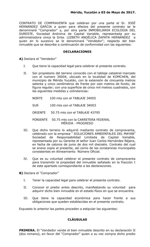 Machote contrato de compra venta entre particulares - Mérida, Yucatán a 03  de Mayo de 2017. CONTRATO - Studocu