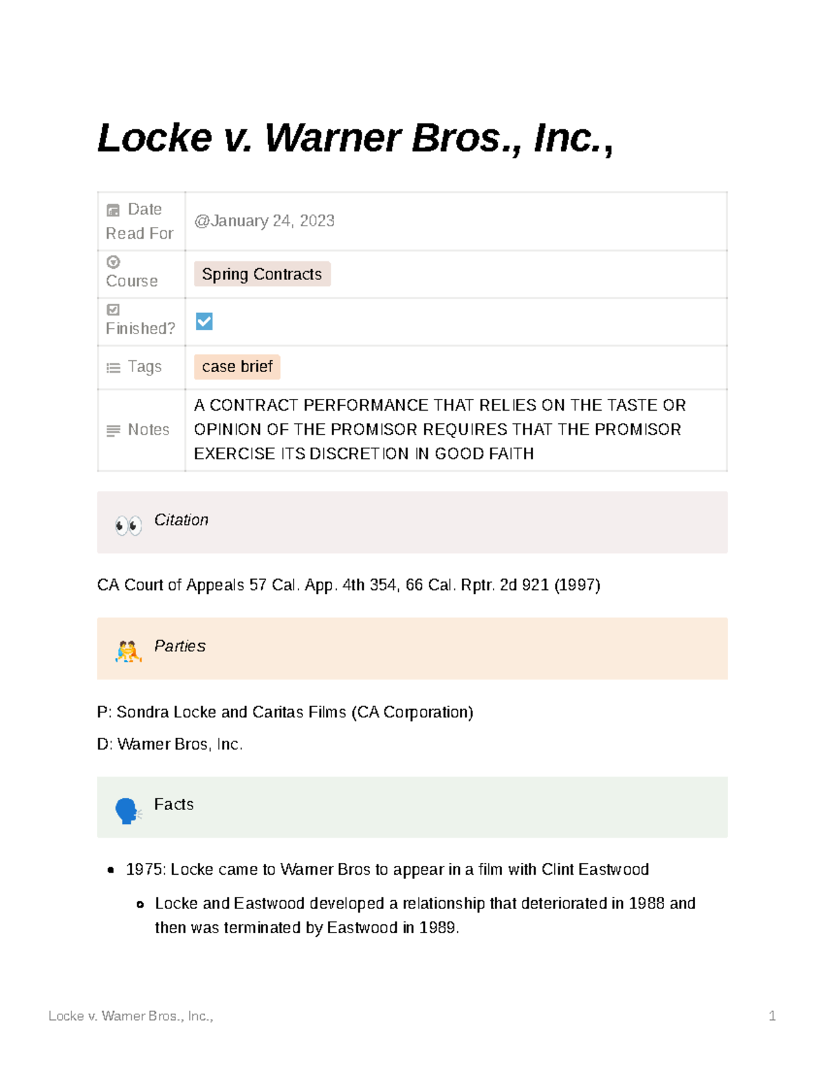 Locke v. Warner Bros - Locke v. Warner Bros., Inc., Date Read For