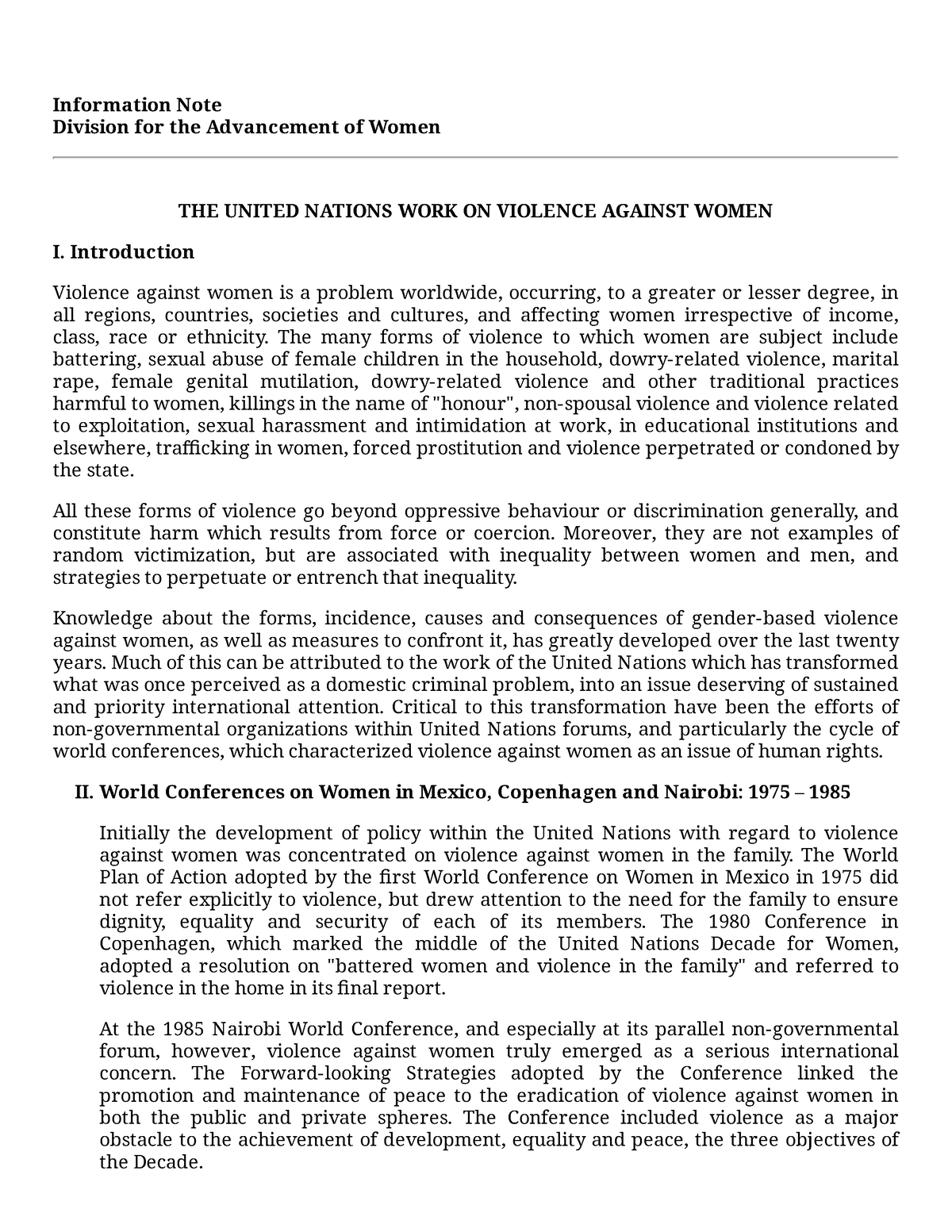 United Nations WORK ON Violence Against Women - Information Note ...